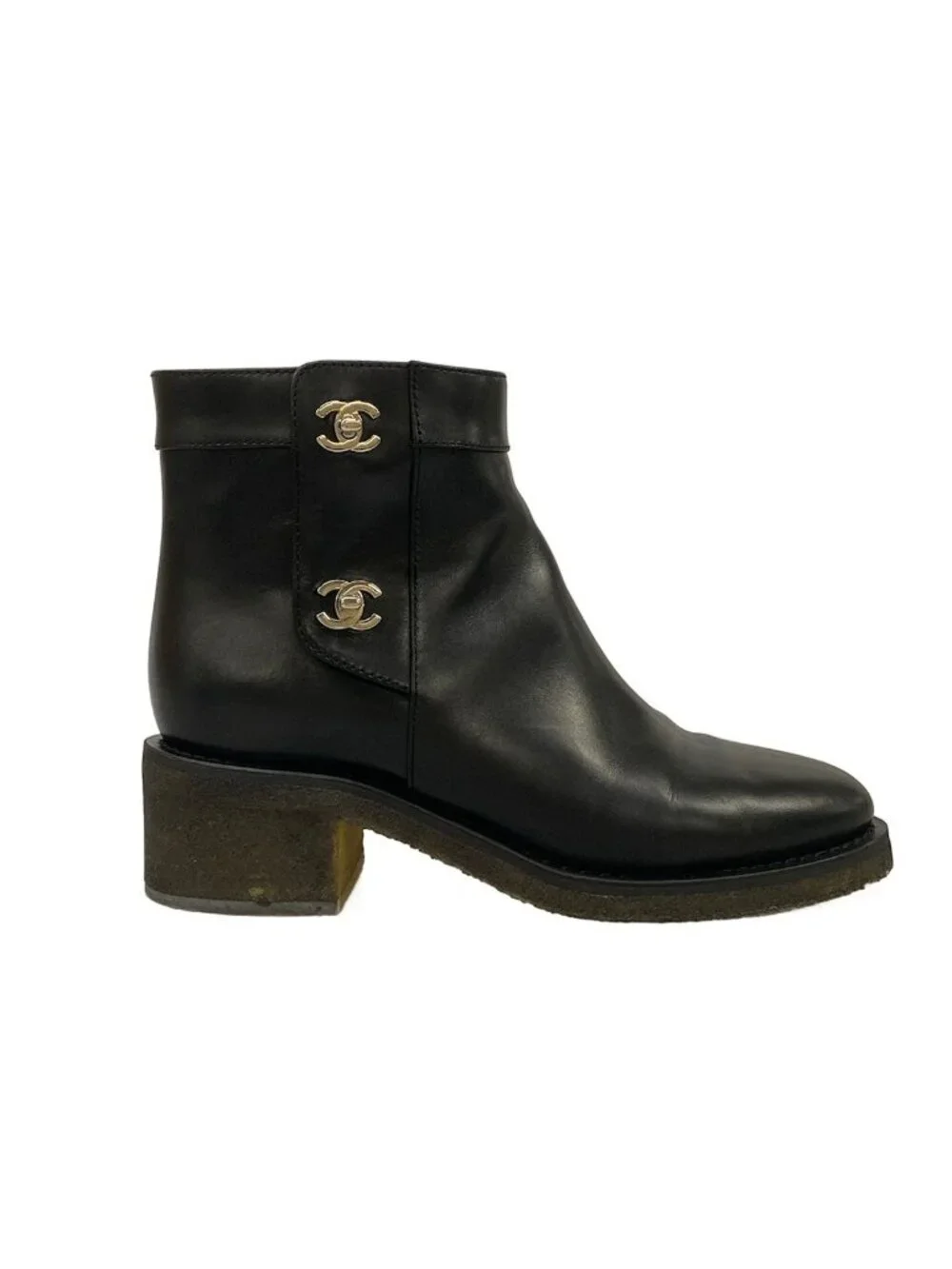Chanel Short Boots Black Silver CC Logo Turnlock Leather